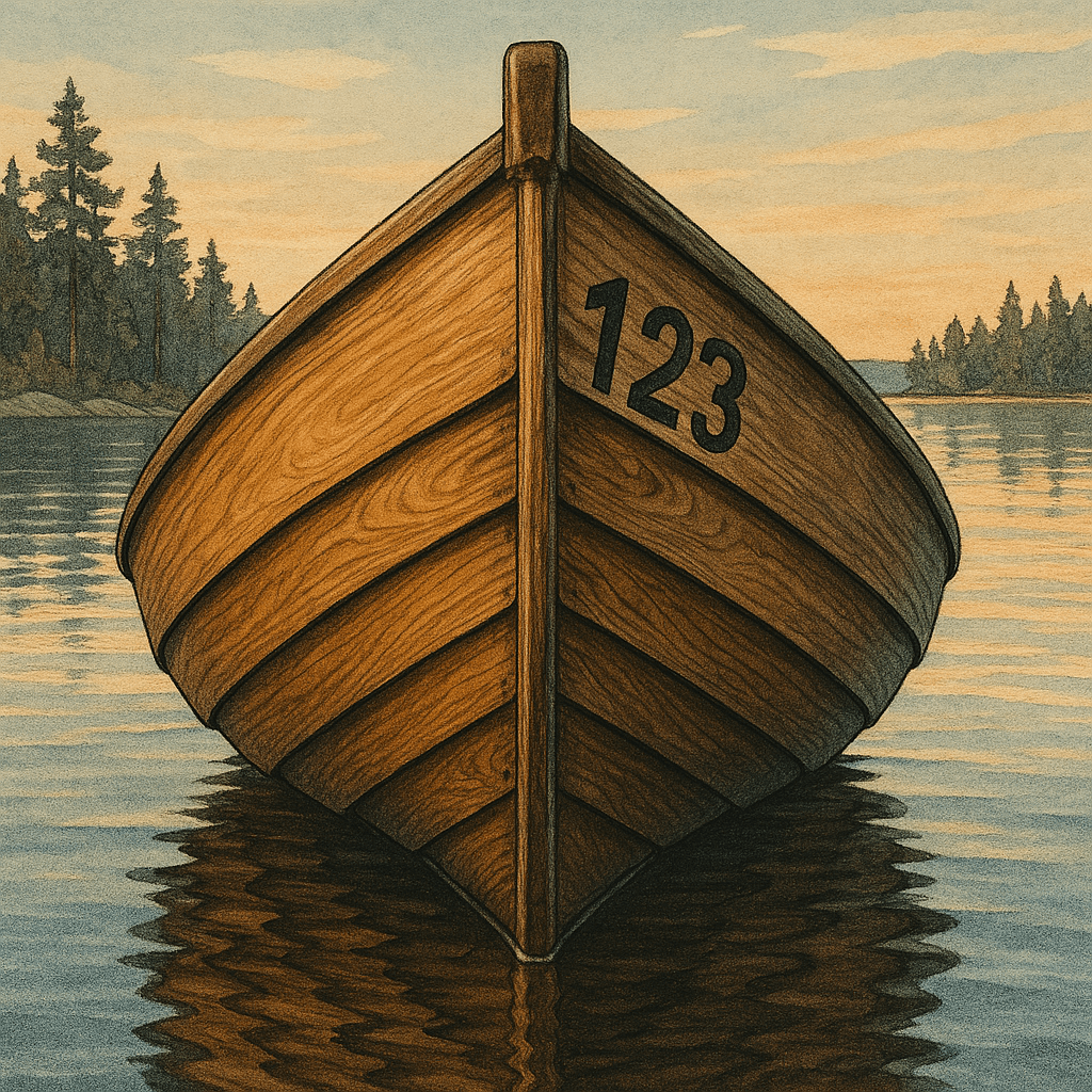 A detailed illustration of the bow of a traditional Finnish rowboat (soutuvene) on a calm lake, view